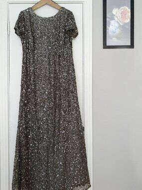 Adrianna Papell Scoop-Back All-Over Sequin Gown | Lead Gray | Size 18W